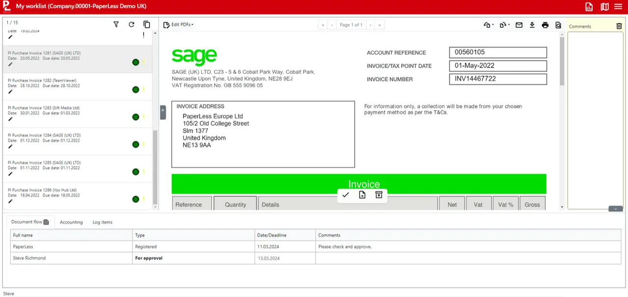 Approvers action invoices in a single queue, with full document context